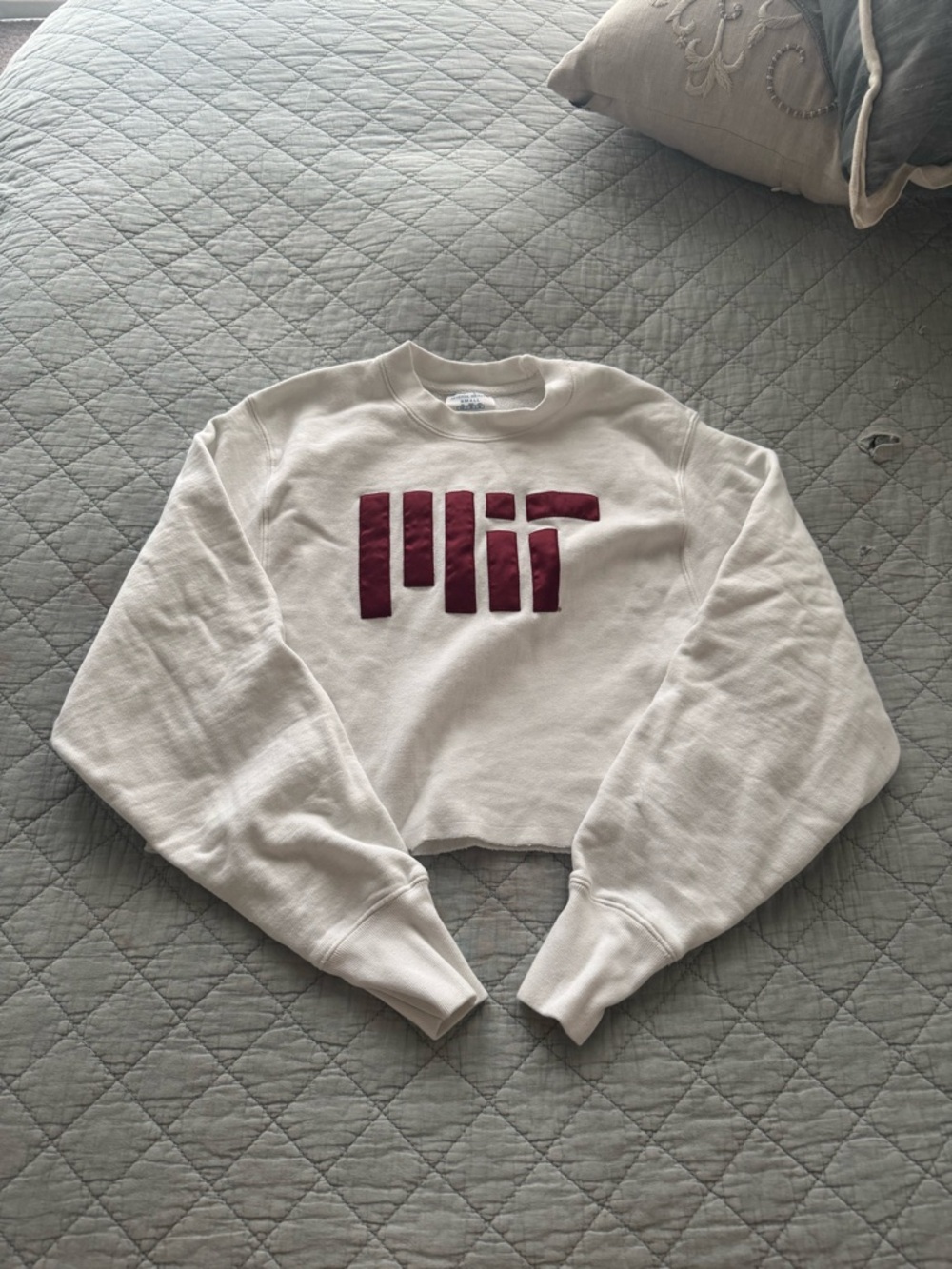 Champion Cropped MIT Crewneck Sweatshirt - White with Maroon Logo